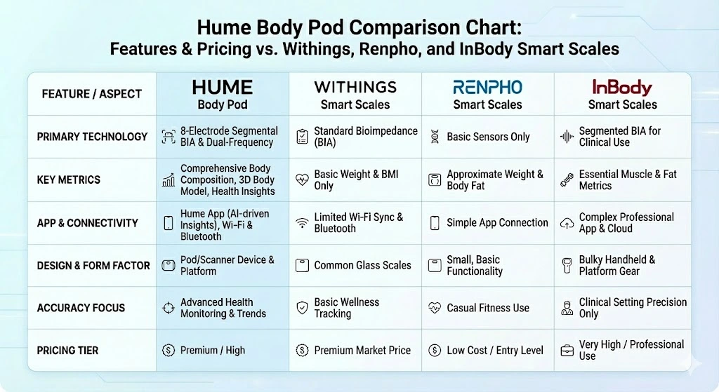 Comparison chart Hume Body Pod vs Withings Body Comp vs Renpho vs InBody smart scales features and price
