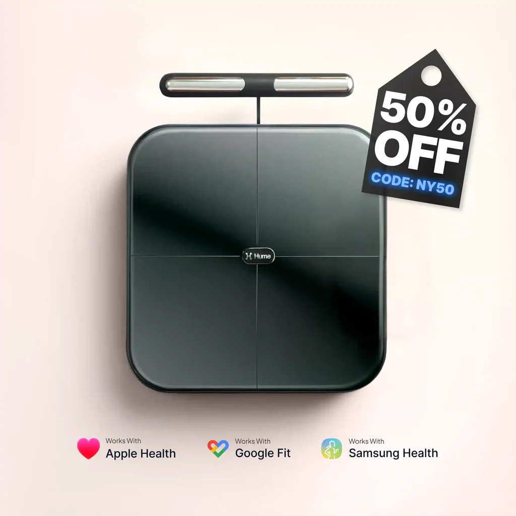 Hume Body Pod 50% OFF discount package showing smart scale and accessories with $183 special price